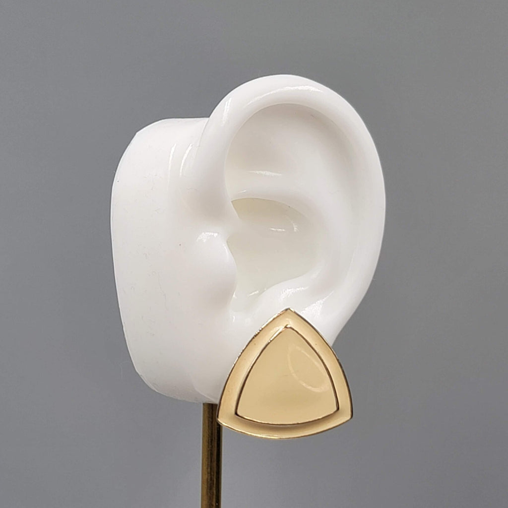 Vintage Pierced Earrings Cream Enamel Triangle Silver tone 1"