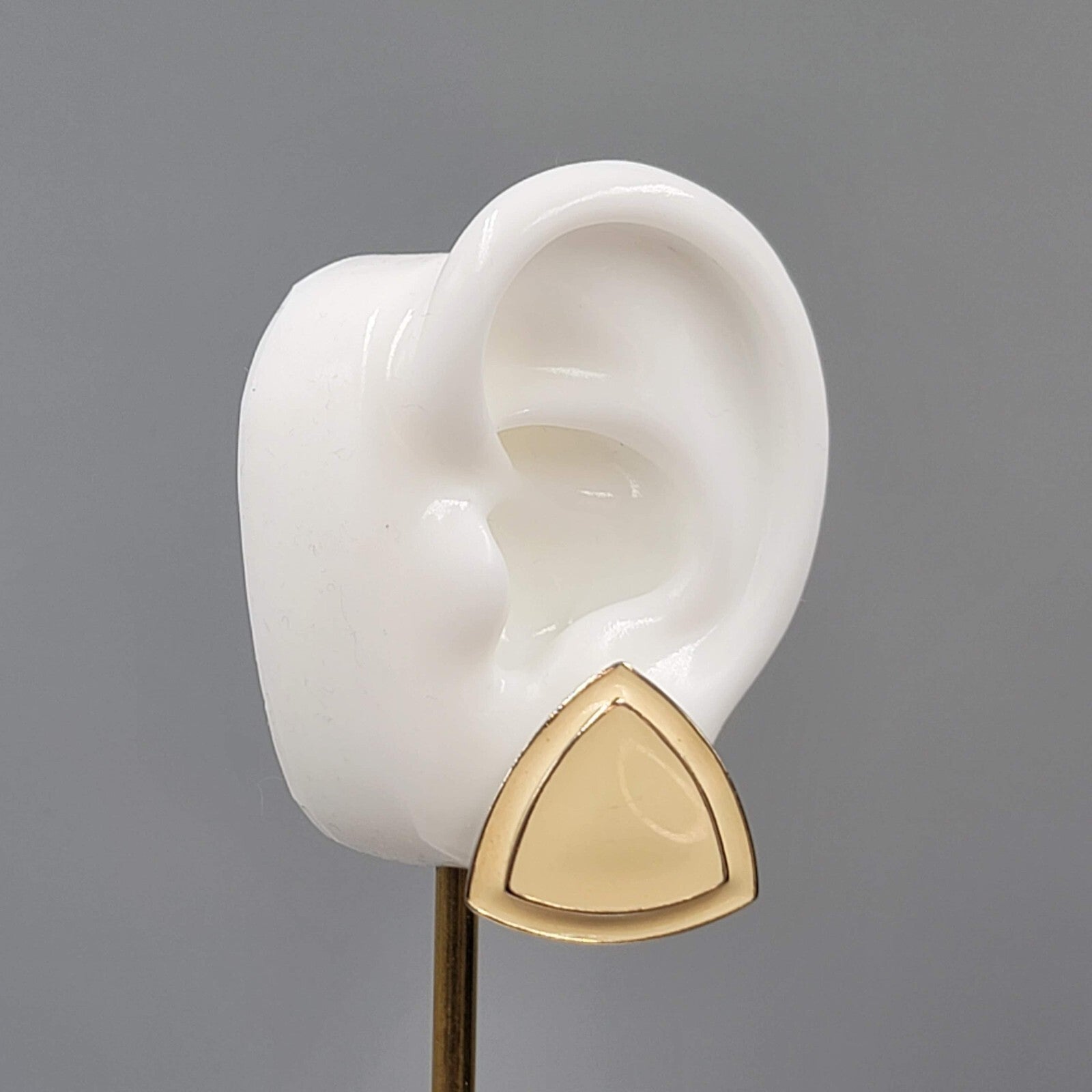 Vintage Pierced Earrings Cream Enamel Triangle Silver tone 1"