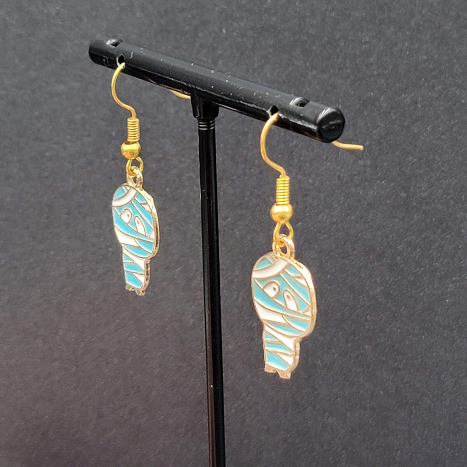 Halloween Mummy Pierced Earrings Gold tone Enamel Dangle 7/8"