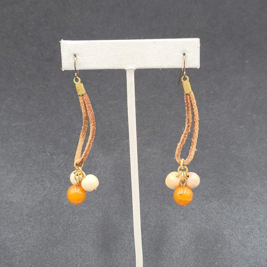 Vintage Boho Pierced Earrings Leather Stone Beaded Dangle 2.25"