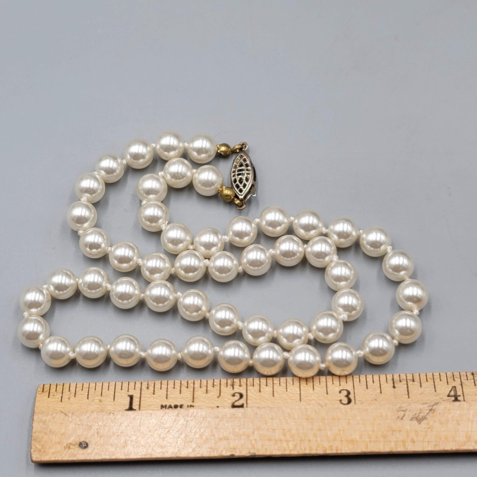 Vintage Necklace Faux Pearl Glass Bead Hand Knotted 7mm 19"