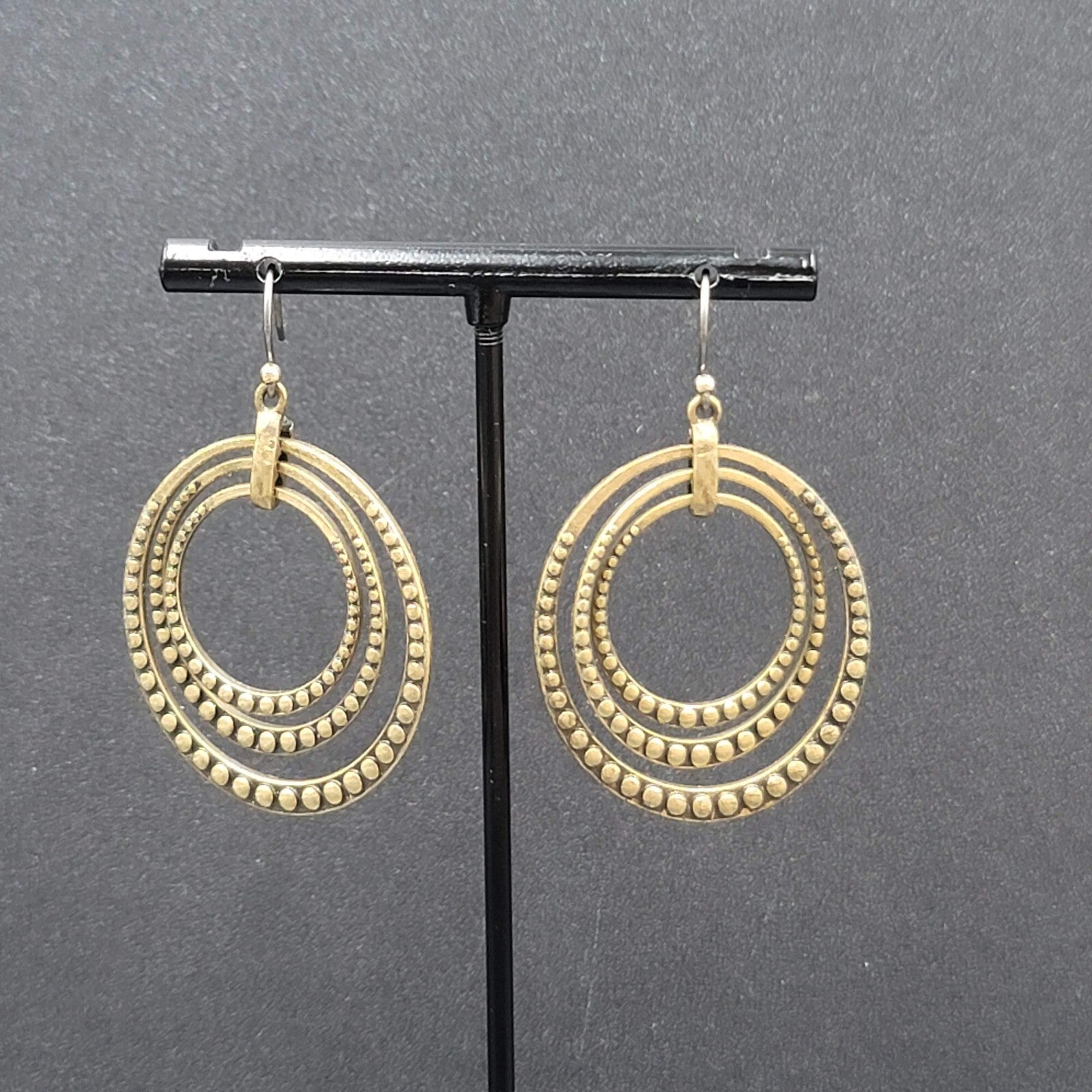 Concentric Ovals Pierced Earrings Bronze tone Embossed Dangle New 1.75"