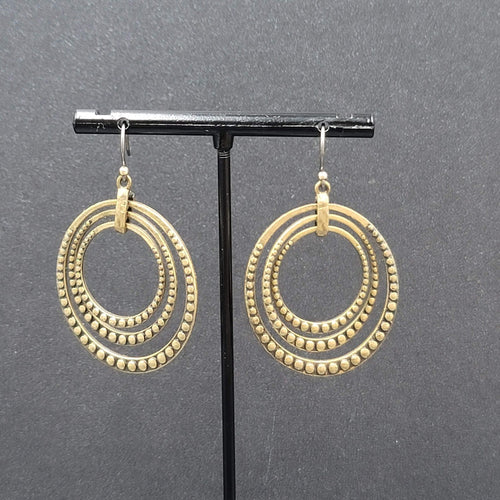 Concentric Ovals Pierced Earrings Bronze tone Embossed Dangle New 1.75"
