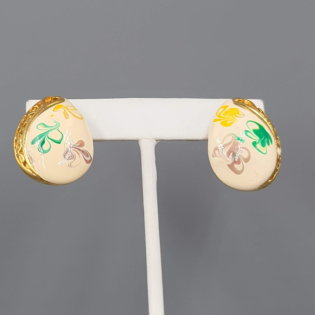 Vintage Enamel Clip on Earrings Gold Plated Yellow Purple Green Swirls 1 1/8"