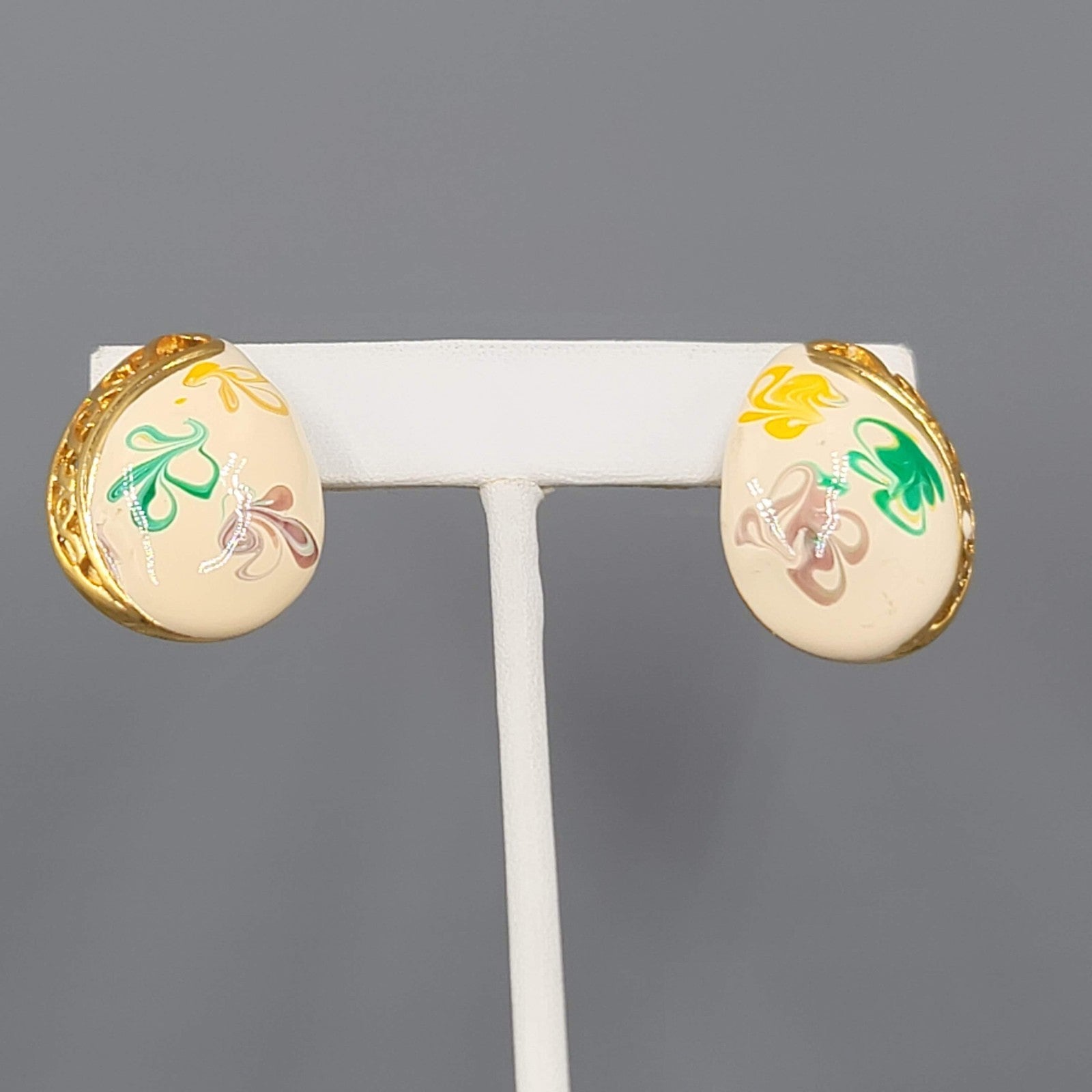 Vintage Enamel Clip on Earrings Gold Plated Yellow Purple Green Swirls 1 1/8"