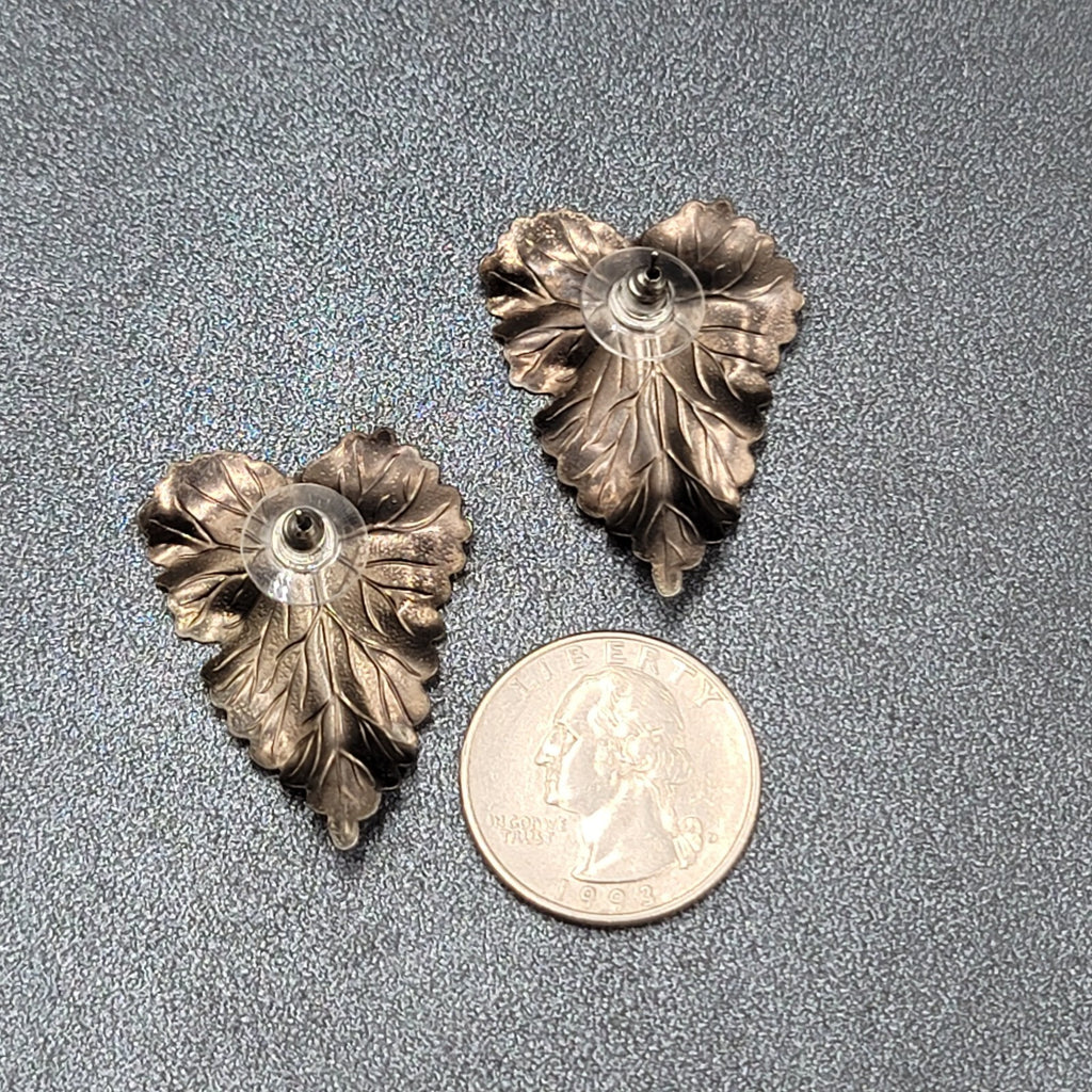 Vintage Pierced Earrings Textured Leaves Dark Gray Drop 1 3/8"