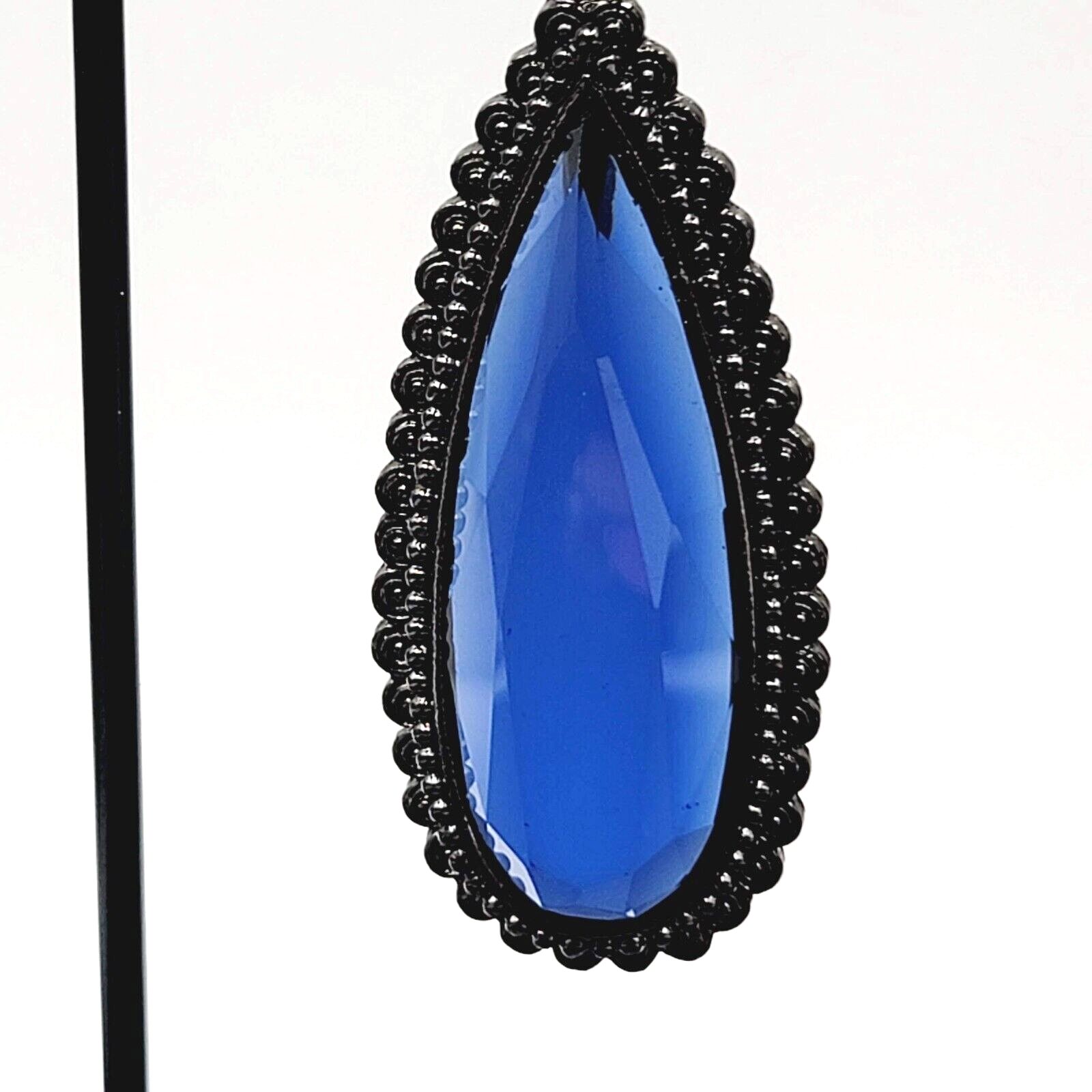 Pierced Earrings Black Metal Large Blue Glass Faceted Teardrop Gothic 2 1/8"