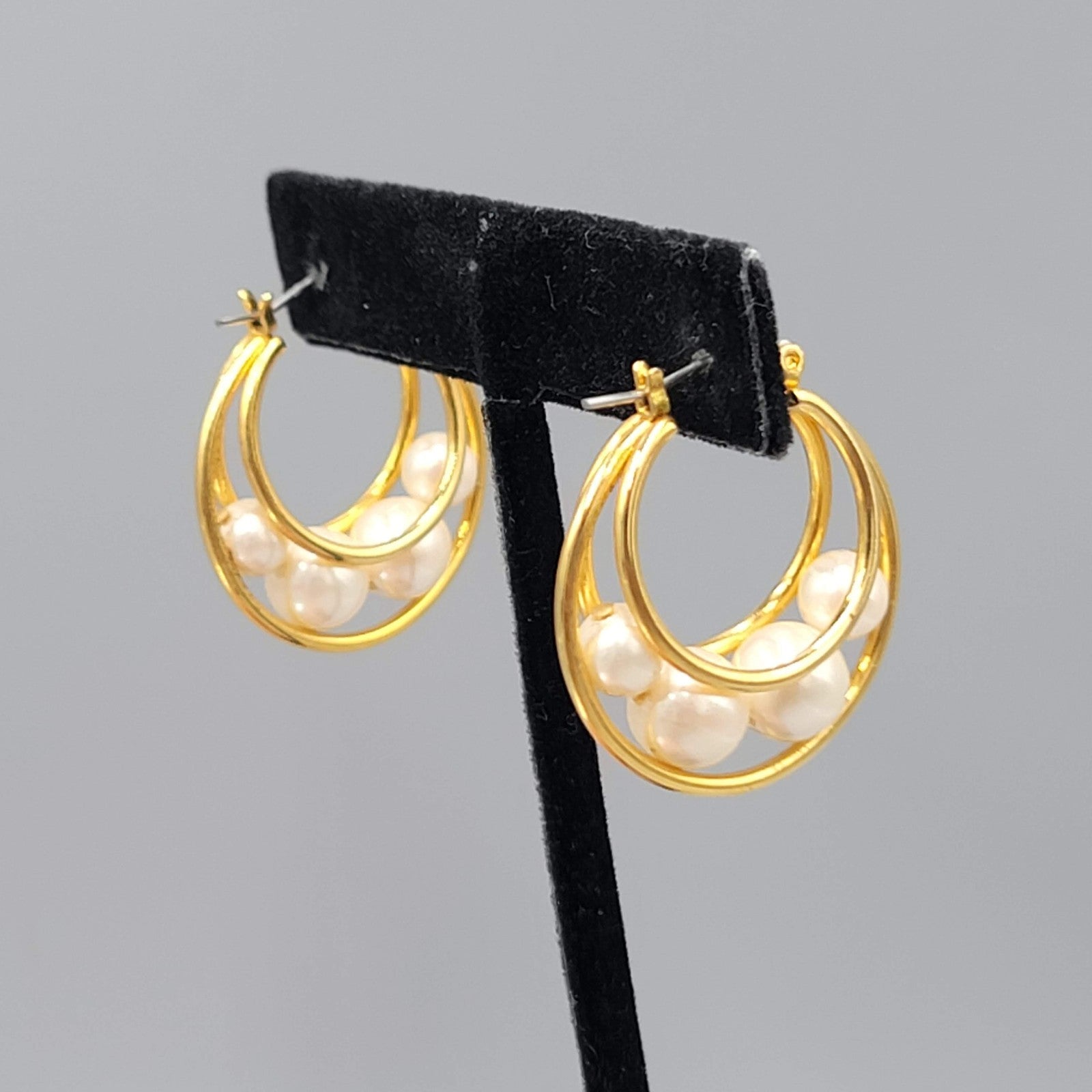 Vintage Hoop Pierced Earrings Caged White Beads Gold tone Dangle 1.25 in