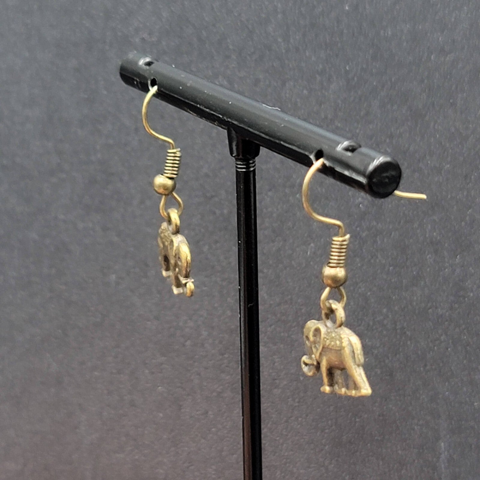 New Elephant Pierced Earrings Embossed Bronze tone Dangle 1/2"