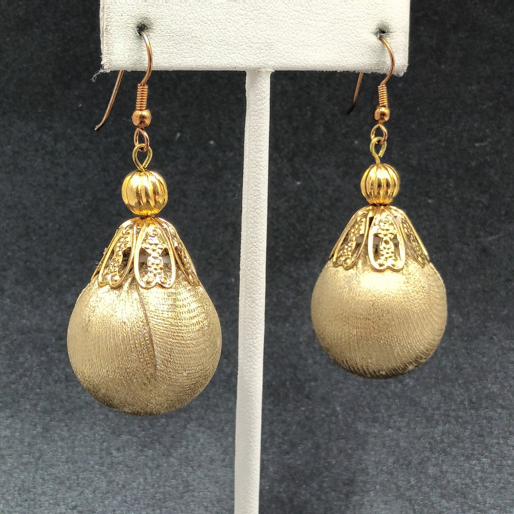 Pierced Earrings Gold tone Christmas Ornament Fabric Wrapped Ball Dangle 1 3/4"