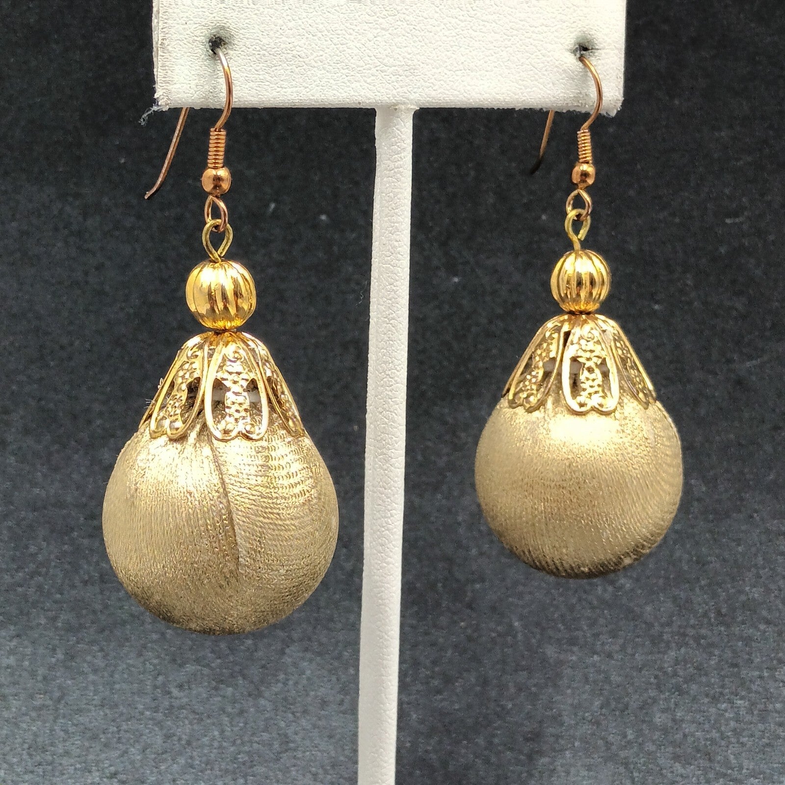 Pierced Earrings Gold tone Christmas Ornament Fabric Wrapped Ball Dangle 1 3/4"
