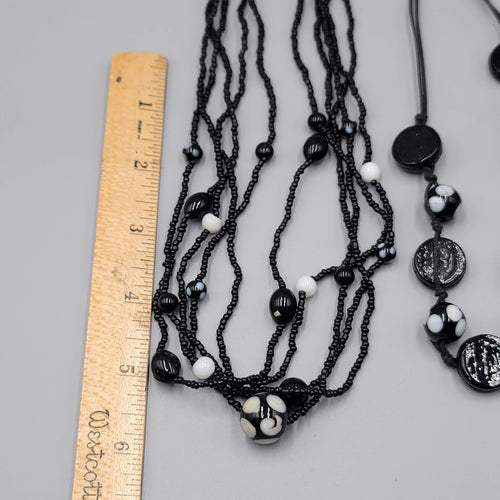 Black White Glass Seed Bead Necklace 5 Multi Strand 16"-18" Lot of 2 For Layerin