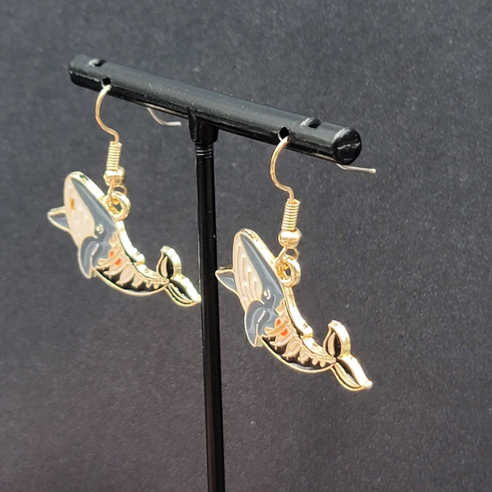 Zombie Whale Pierced Earrings Halloween Half Skeleton Enamel Dangle 5/8"