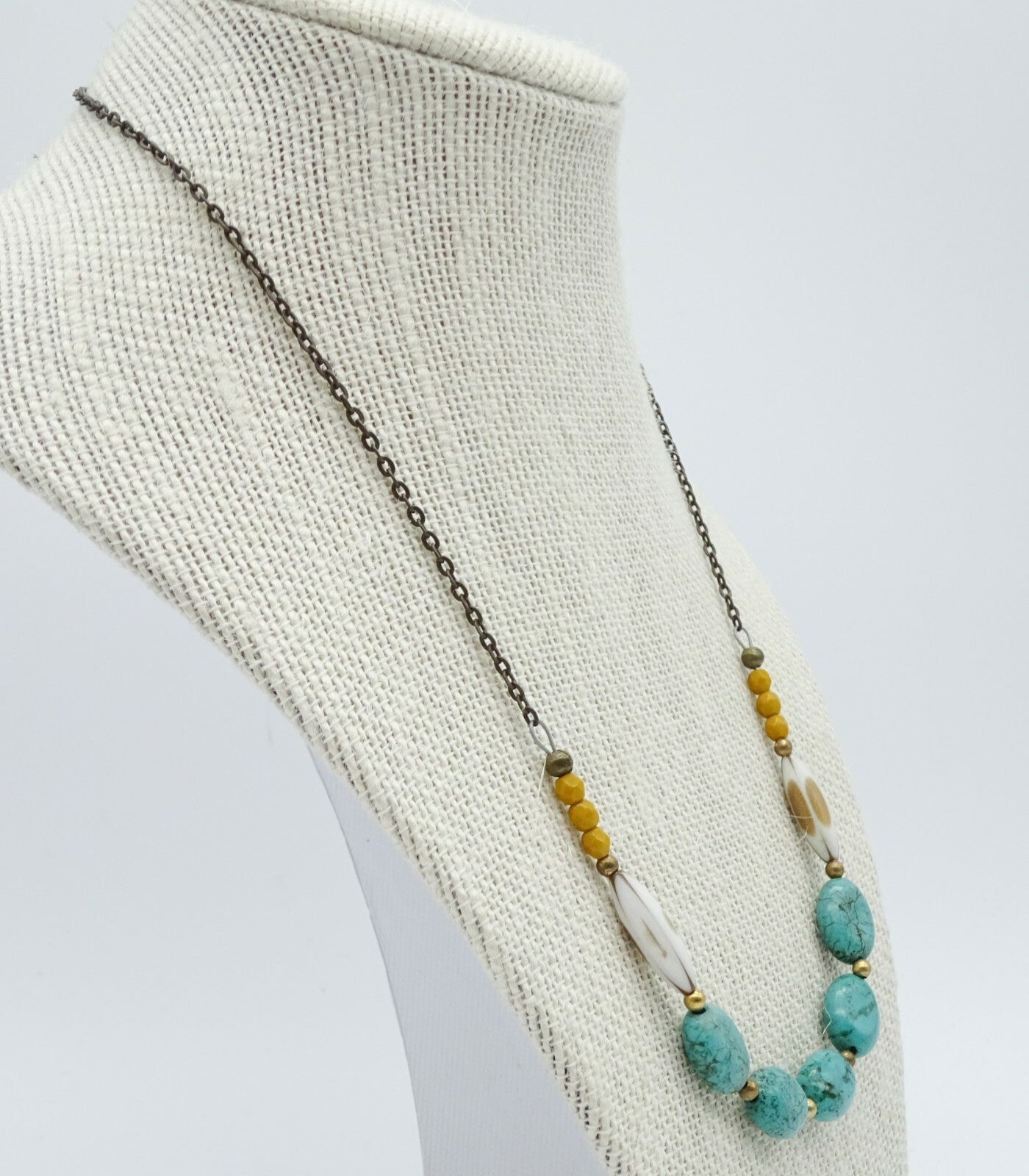 Boho Turquoise Stone Beaded Necklace Bronze tone Chain 20"