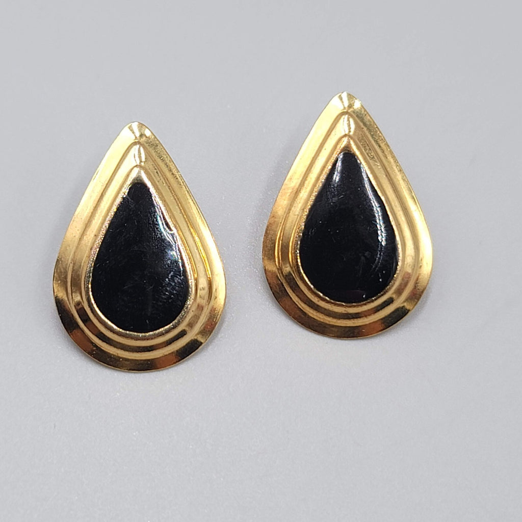 Vintage Pierced Earrings Gold tone Black Enamel Teardrop Lightweight 1"