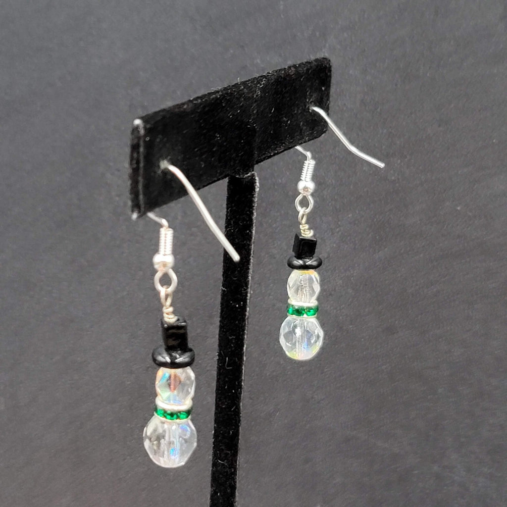Sterling Silver Pierced Earrings Crystal Bead Snowman Dangle  1"