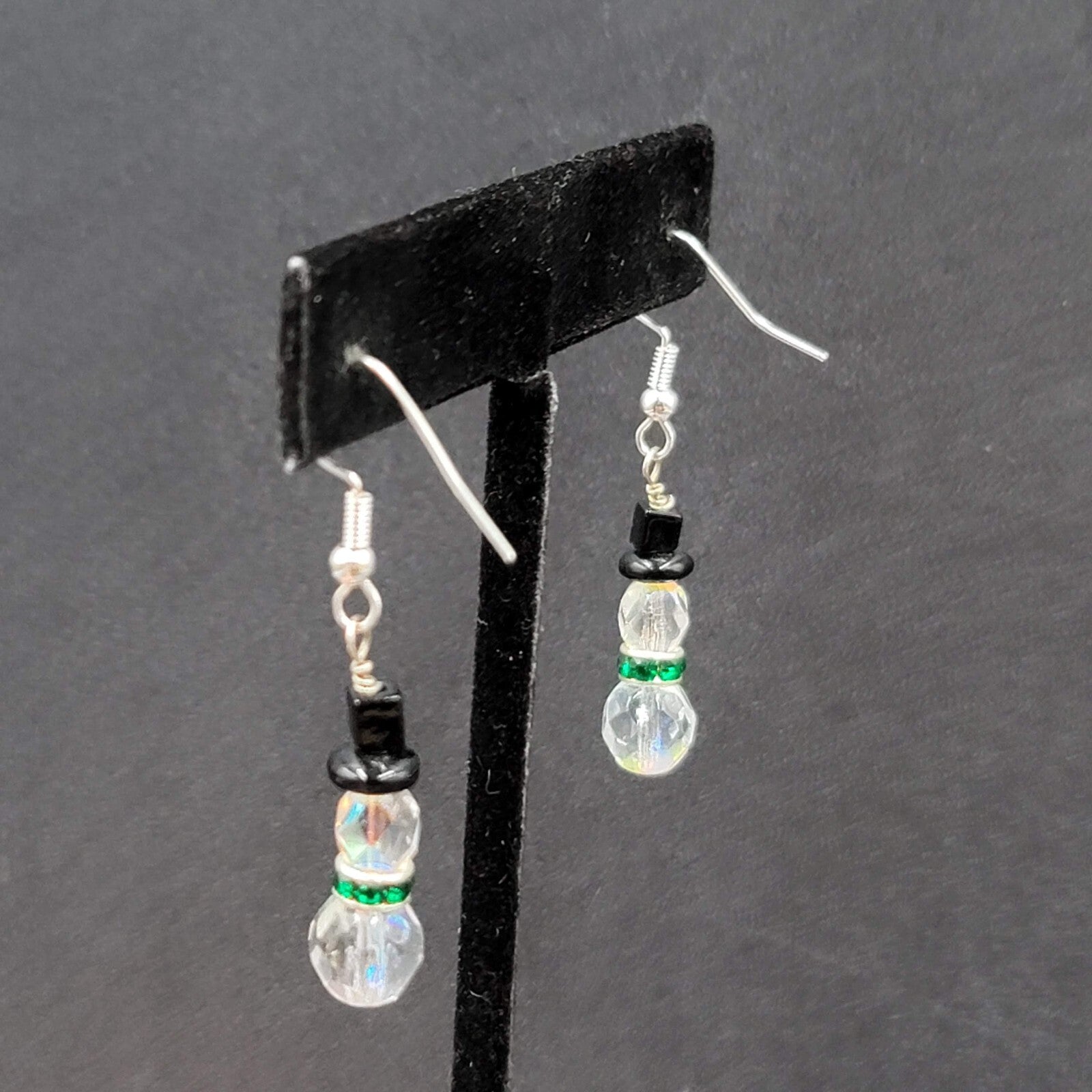 Sterling Silver Pierced Earrings Crystal Bead Snowman Dangle  1"