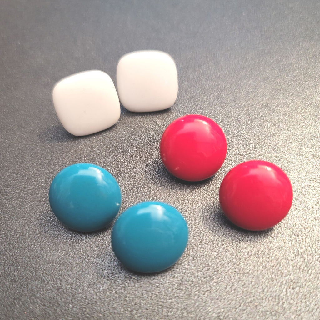 Vintage Lot of 3 Pierced Earrings Red White Blue Studs Square Circle 3/4"
