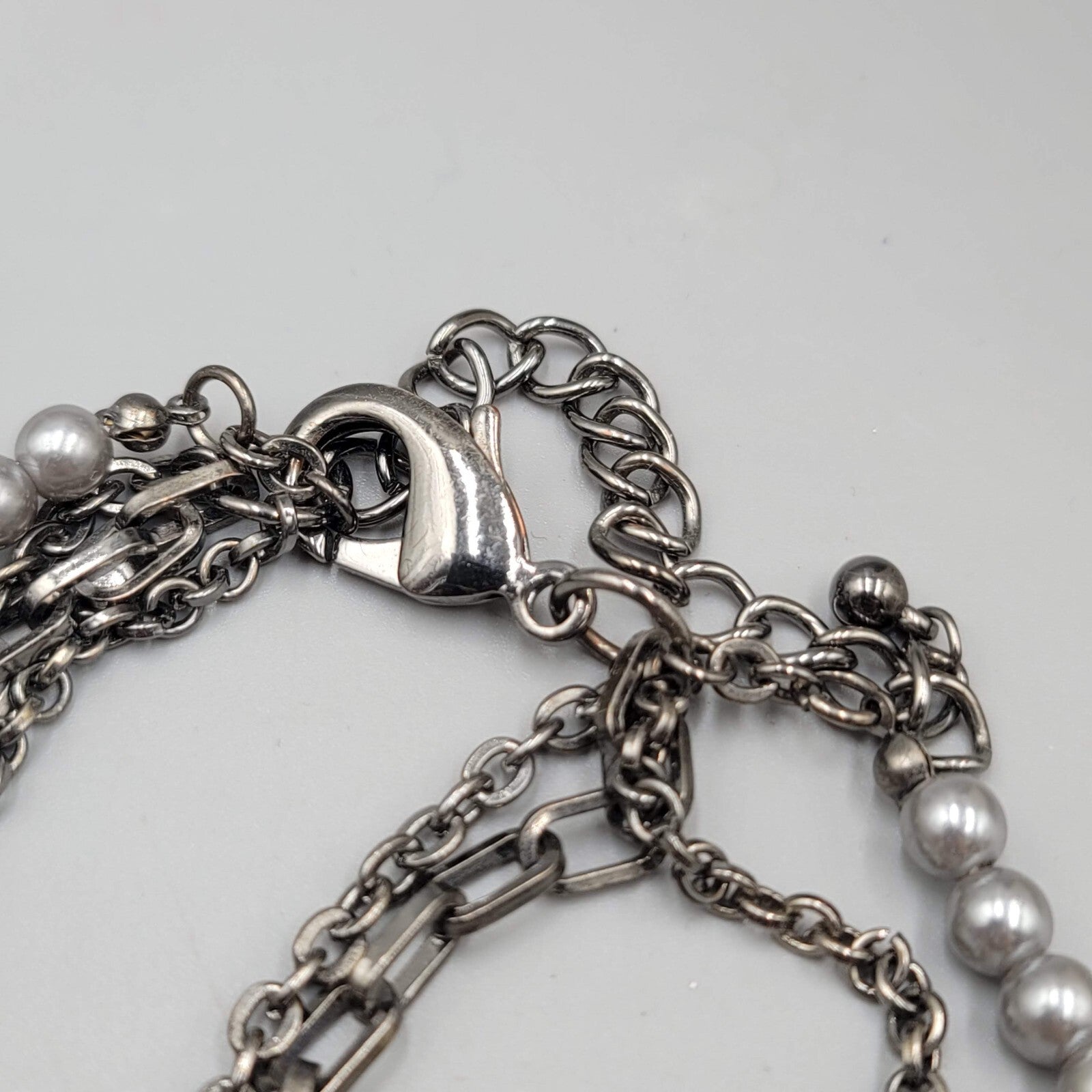 Black Metal Chains Gray Faux Pearl Necklace  Multi Strand 16"-19"