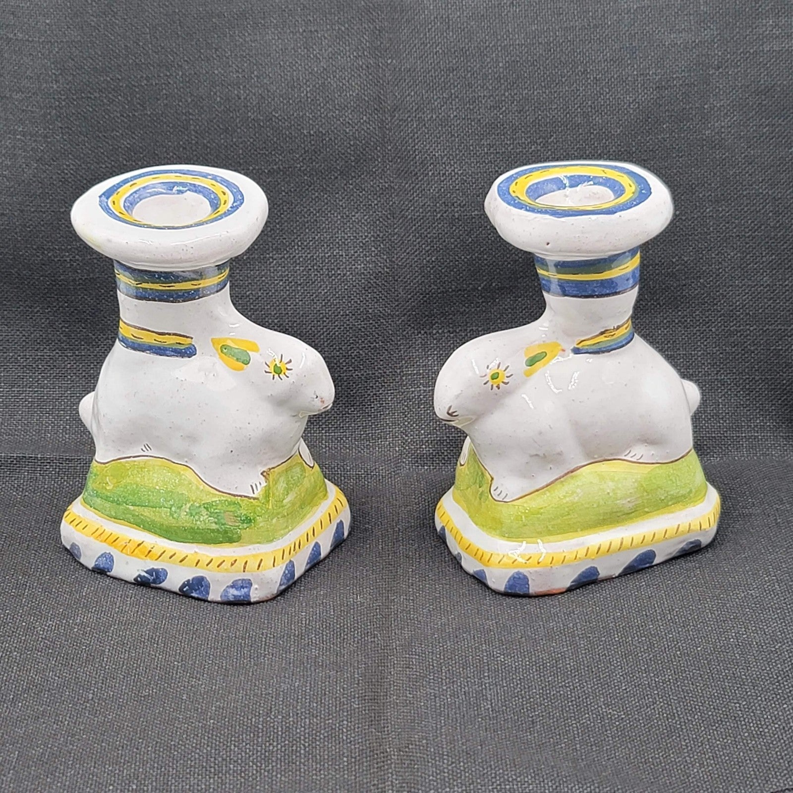 Vintage Portugal Bunny Rabbit Candlestick Holders Hand Painted Ceramic Set Pair