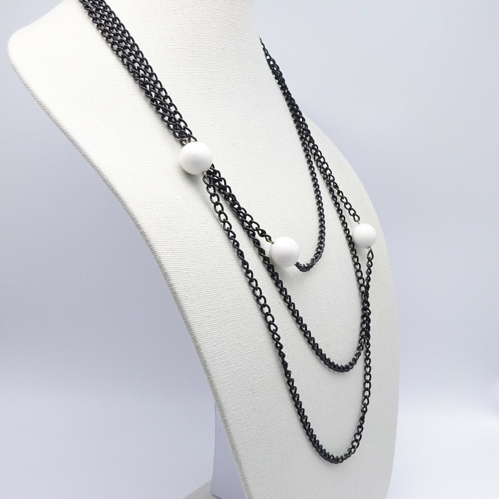 Vintage Black Chain & White Bead LONG Necklace Estate Costume Jewelry 88"