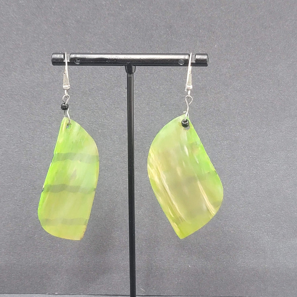 Pierced Earrings Silver tone Green Shell Hand Painted Dangle Acrylic 2.25"