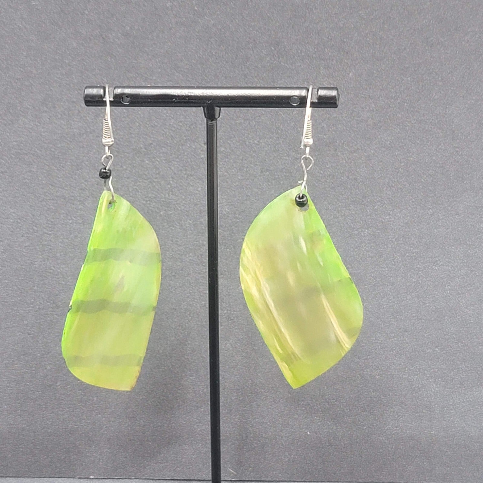 Pierced Earrings Silver tone Green Shell Hand Painted Dangle Acrylic 2.25"