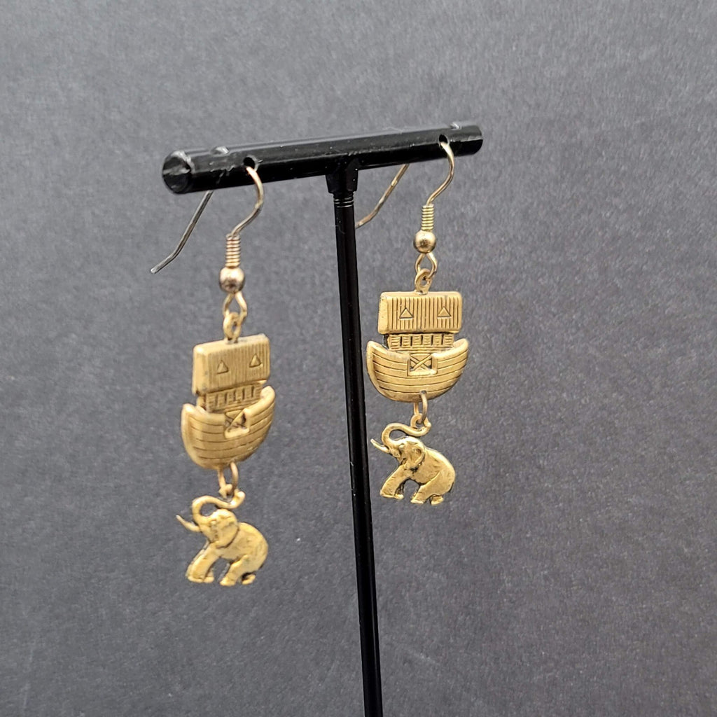 Vintage Noahs Ark Pierced Earrings Gold tone Elephant Dangle 1.25"