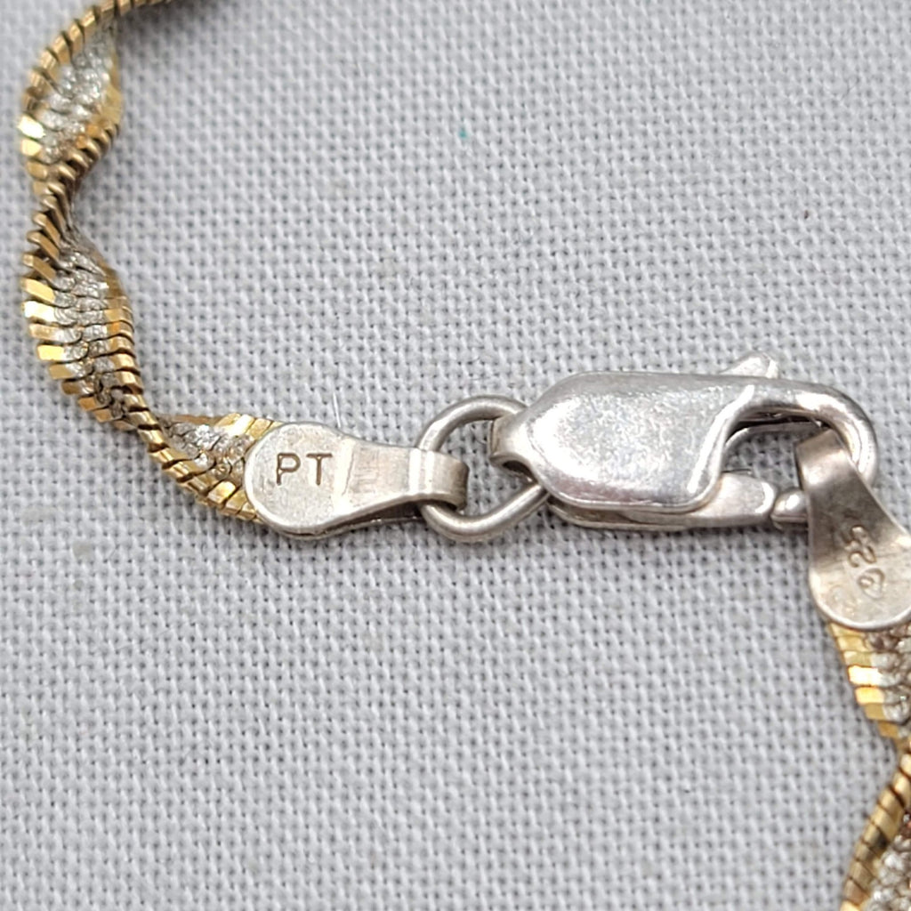  Twisted Spiral Herringbone Two-Toned 925 Sterling Silver Bracelet  7" Signed PT