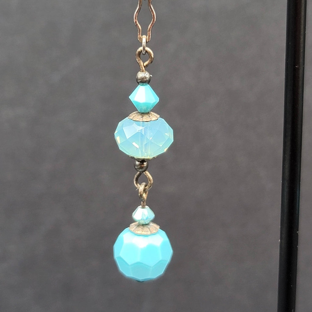 Pierced Earrings Silver tone Blue Faceted Acrylic Beads Dangle 1 5/8"
