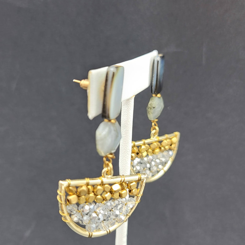 Pierced Earrings Gold tone Abalone and Stone Beaded Boho Dangle 2 1/4"