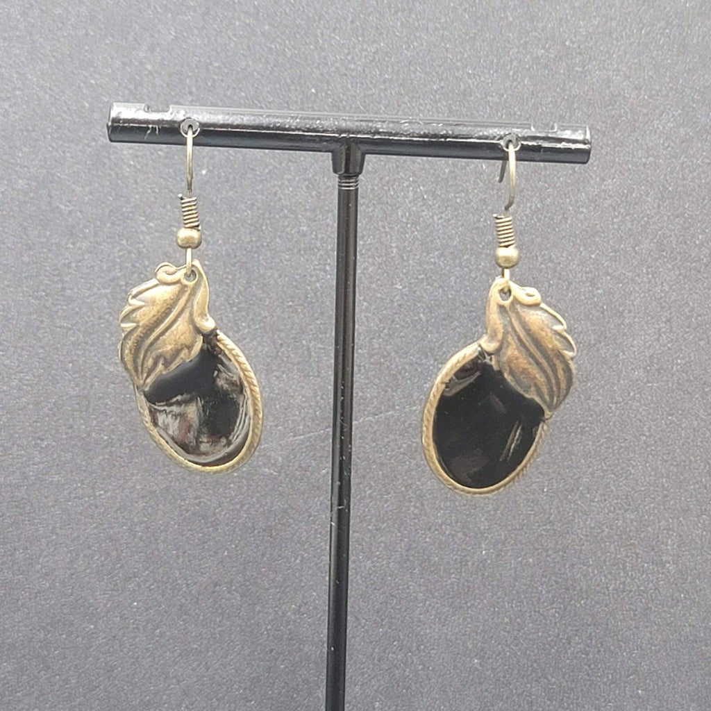 Pierced Earrings Bronze tone Black Enamel Leaf Design 1 1/8"