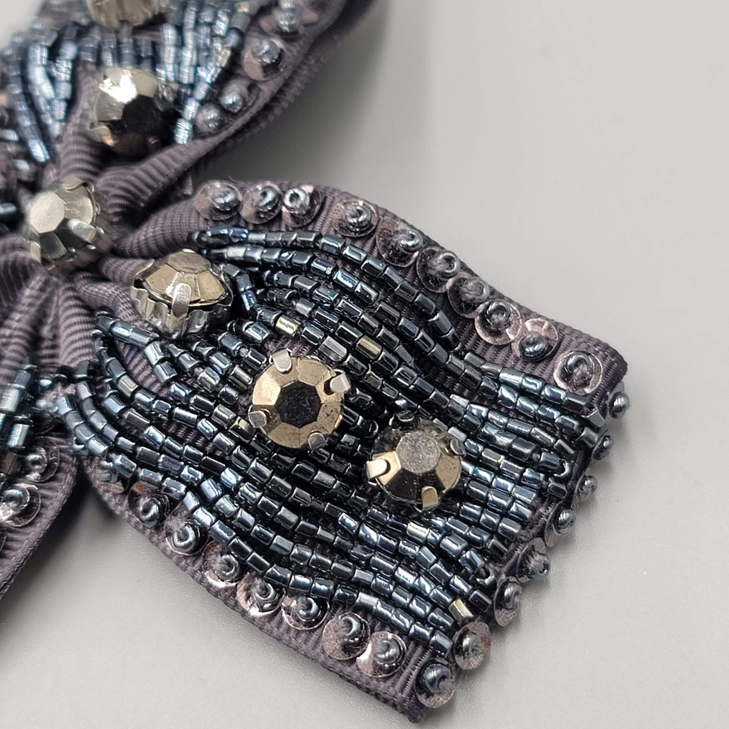 Beaded Bow Brooch Hair Clip Gray Ribbon Rhinestone Crystal Accent Pin 5 Inch