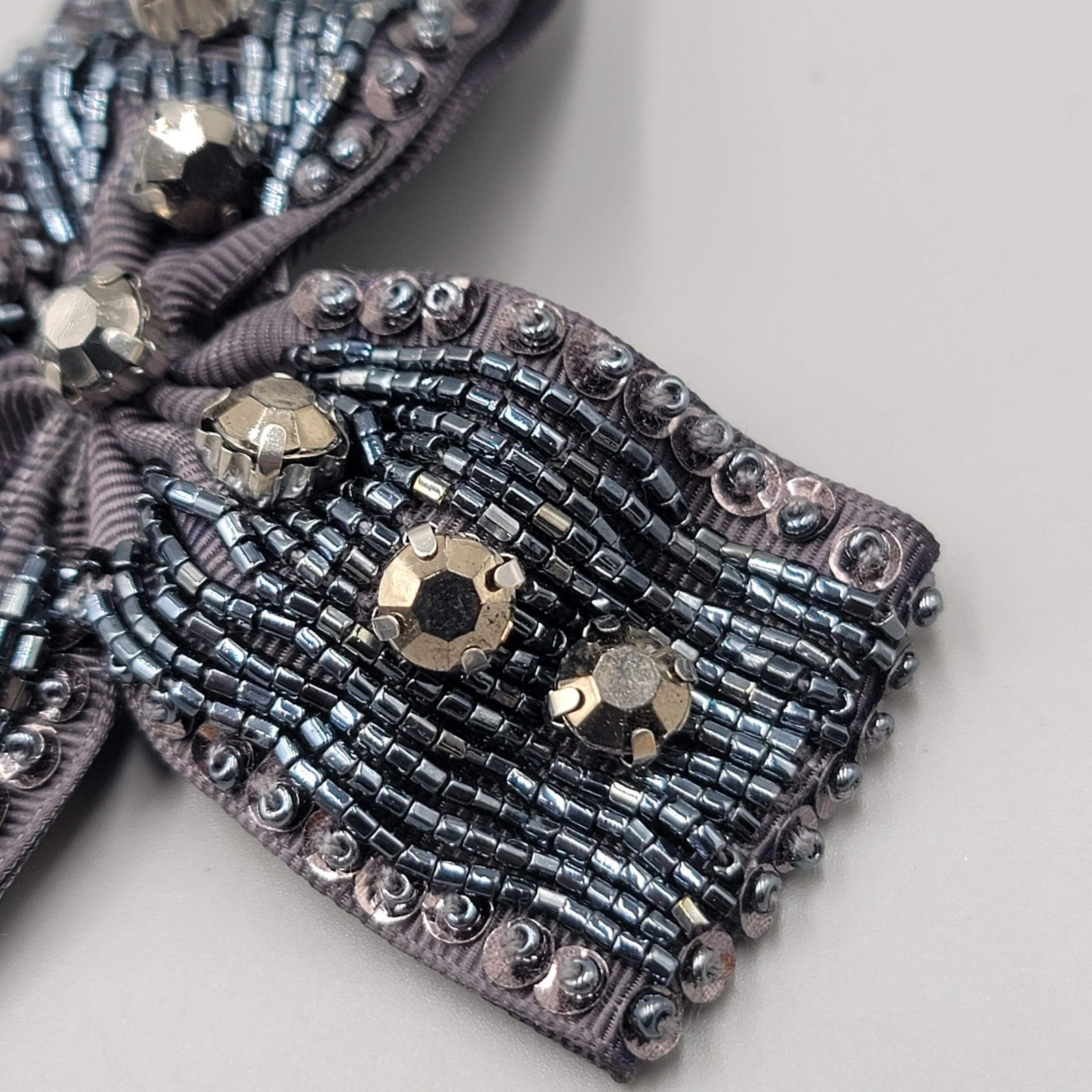 Beaded Bow Brooch Hair Clip Gray Ribbon Rhinestone Crystal Accent Pin 5 Inch