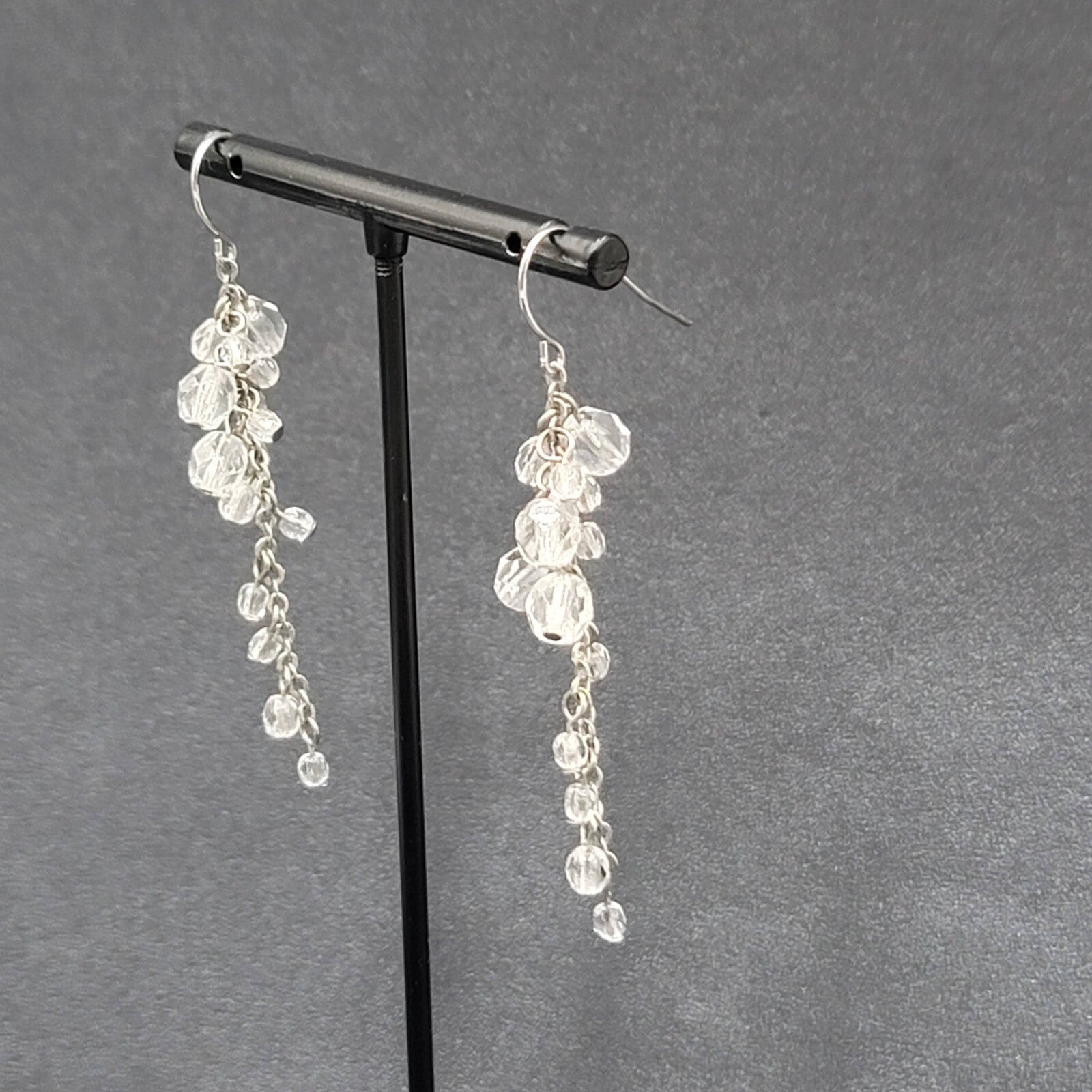 Pierced Earrings Silver tone Clear Bead Cluster Dangle 2.25"