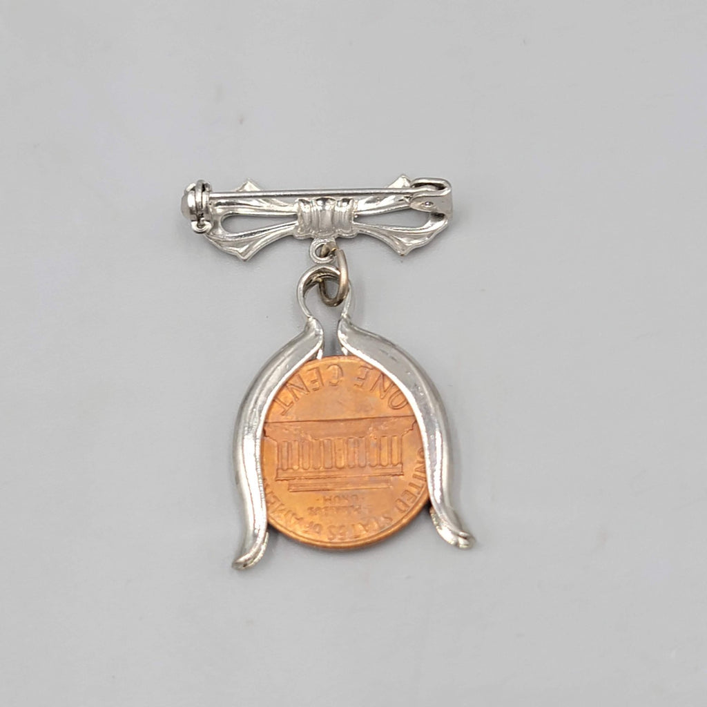 Vintage Lucky Penny Brooch Silver tone Bow Dangle 1 5/8 in