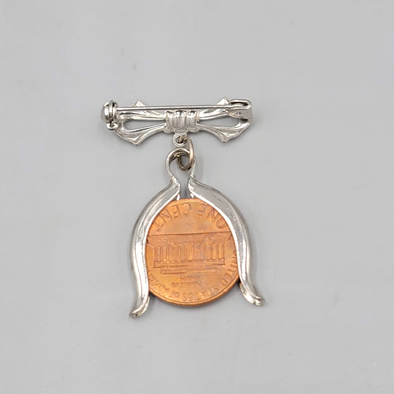 Vintage Lucky Penny Brooch Silver tone Bow Dangle 1 5/8 in
