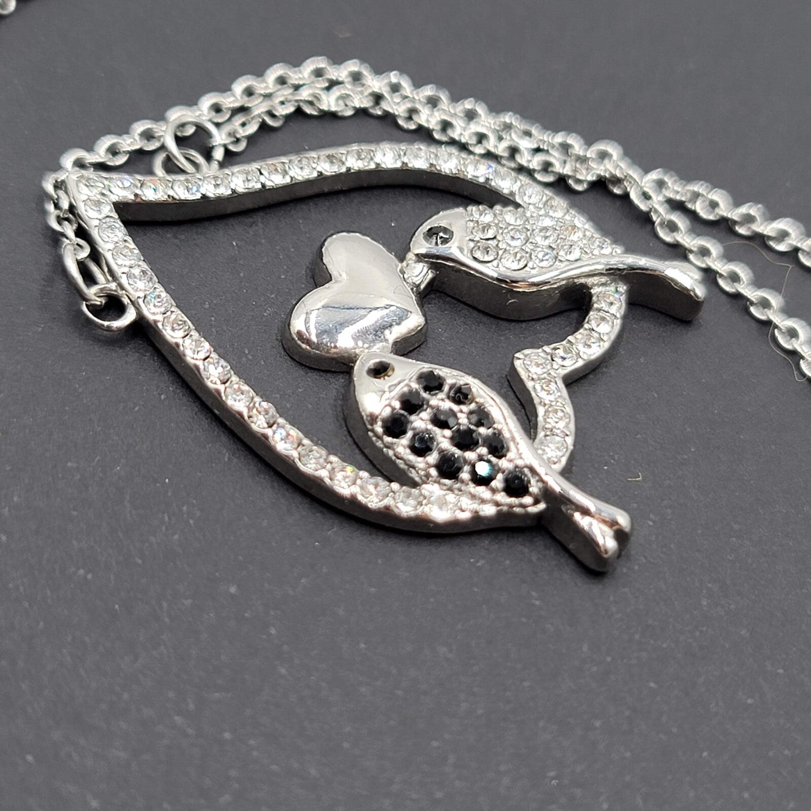 Bird Necklace Silver tone Black Clear Crystal Rhinestones Pendant 20"