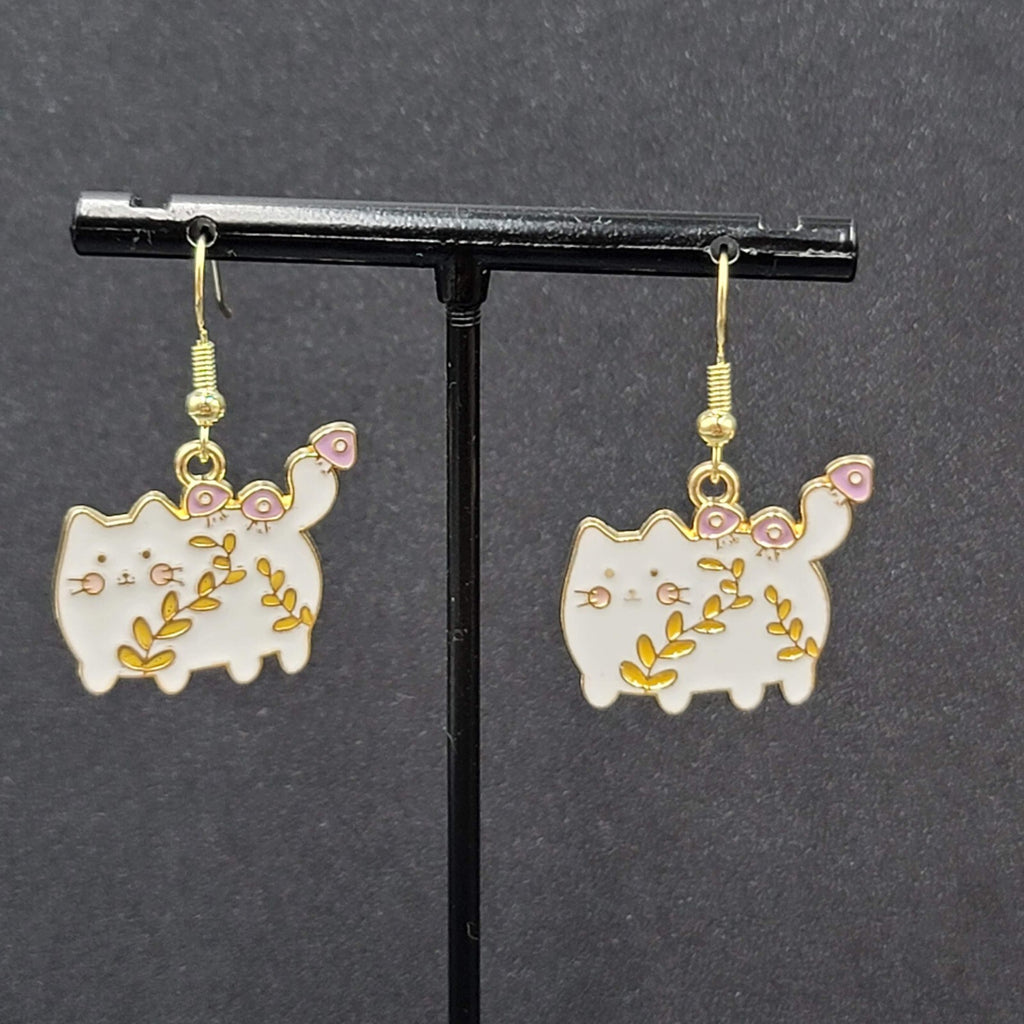 White Cat Pierced Earrings Gold tone Enamel Flowers Dangle 3/4"