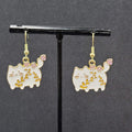 White Cat Pierced Earrings Gold tone Enamel Flowers Dangle 3/4"