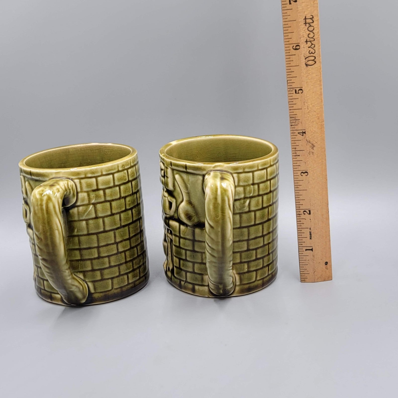 Vintage Japan Coffee Mug Cup Set of 2 Green Glaze MCM