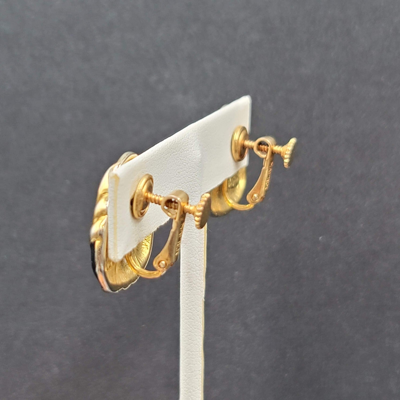 Vintage Napier Clip on Earrings Gold tone Black Enamel Screw Back 7/8"
