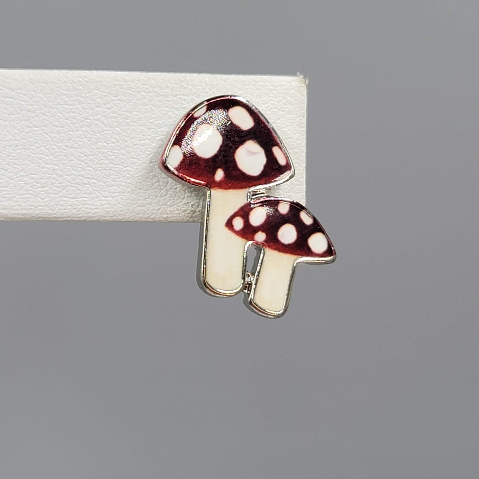 Attic Salt Pierced Earrings Polka Dot Mushroom Silver tone Drop 3/4"