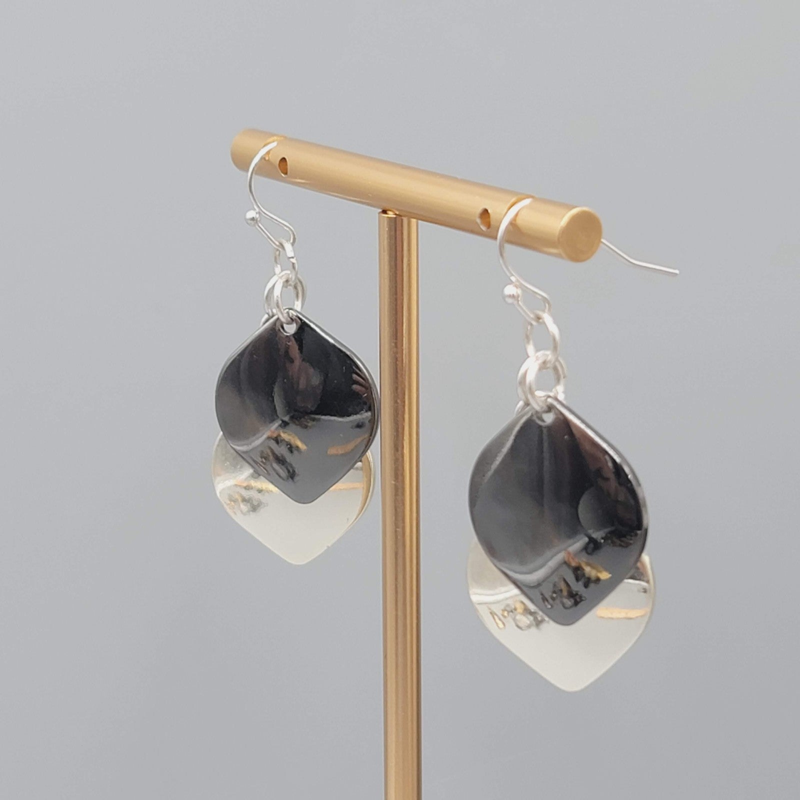 Pierced Earrings Gunmetal and Silver tone Layered Dangle 1.5"