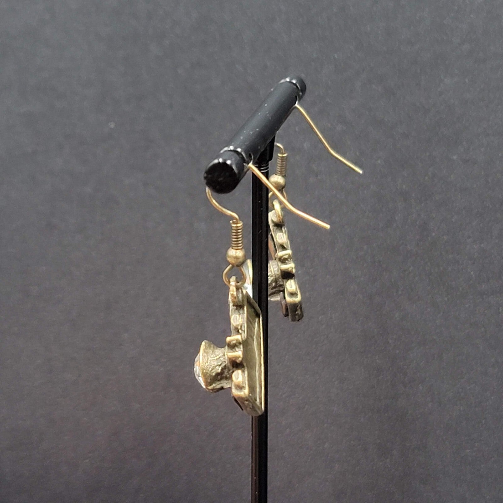 New Rhinestone Camera Pierced Earrings Bronze tone Dangle 3/4"