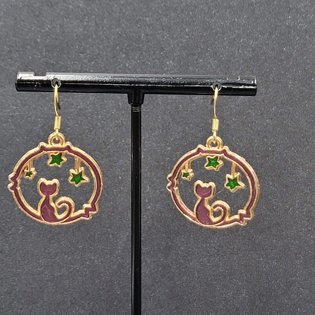 New Cat Pierced Earrings Gold tone Green Stars Purple Enamel Dangle 7/8"
