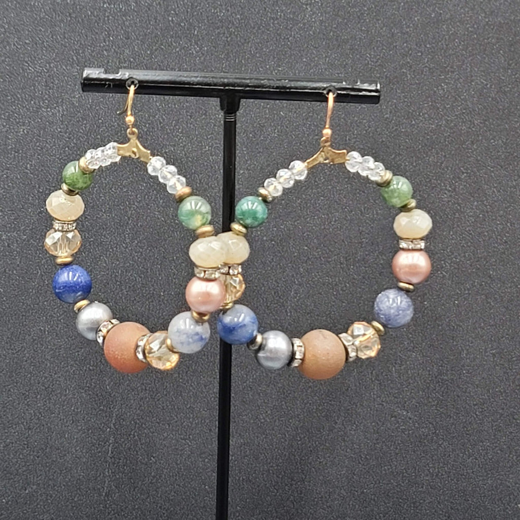 Pierced Earrings Multicolor Stones and Beads Large Hoops 2"