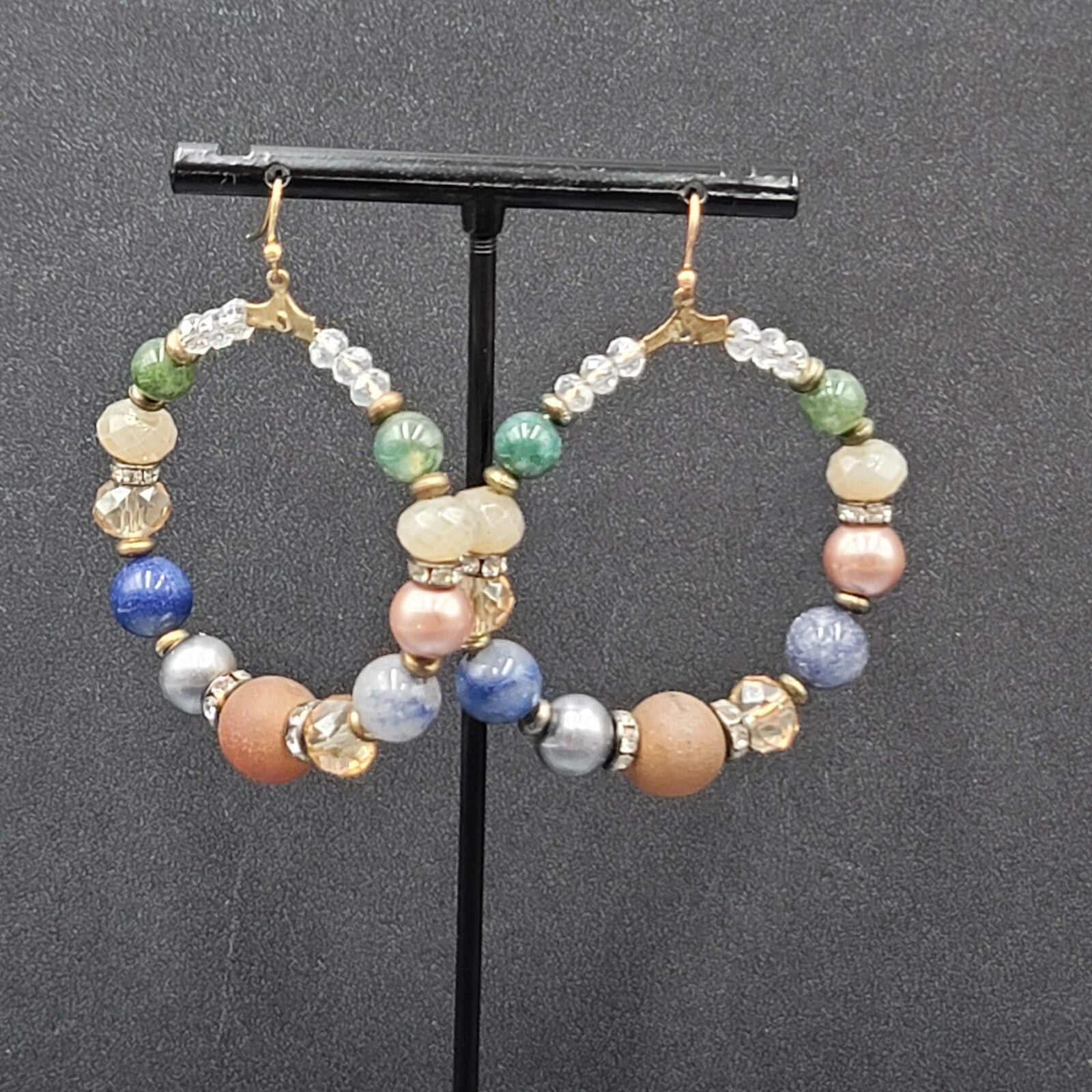 Pierced Earrings Multicolor Stones and Beads Large Hoops 2"