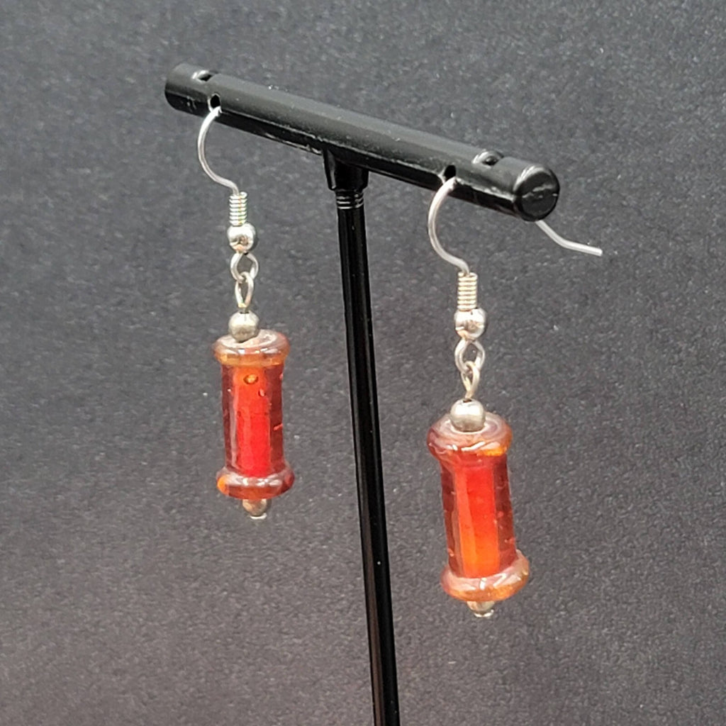 Pierced Earrings Red Cylinder Glass Bead Silver tone Dangle 1"