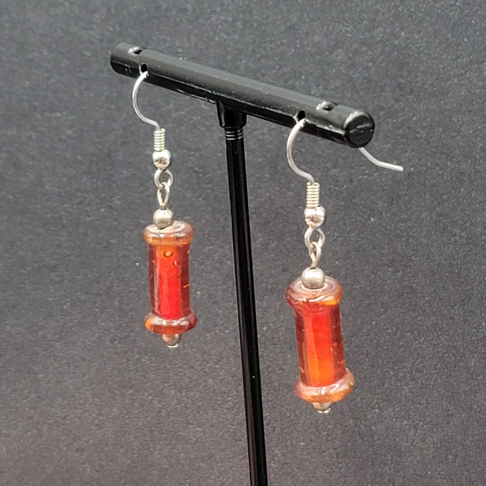 Pierced Earrings Red Cylinder Glass Bead Silver tone Dangle 1"